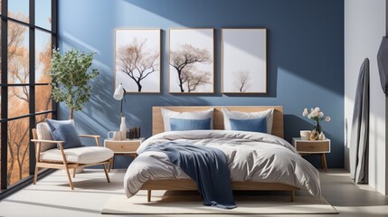 Cozy bedroom interior in white and cobalt