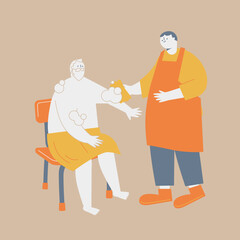 A man wearing an apron helps an elderly man take a bath.