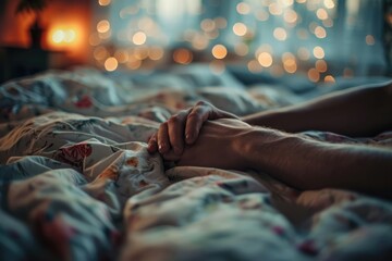 Embrace of Love: In the spotlight are hands held tightly, as a couple in love celebrates their connection while sleeping embraced, highlighting the passion and desire that define their intimate moment