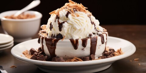 A visual and edible treat, this sctious dessert involves a generous scoop of velvety vanilla ice cream nestled in a pool of warm, homemade hot fudge. Crowned with a fluffy cloud of whipped