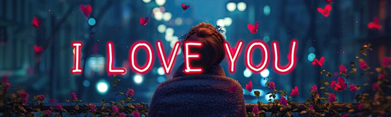 love you neon lettering over a woman in a park Generative AI