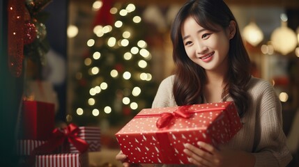 Fototapeta na wymiar a girl receives a gift on Christmas eve