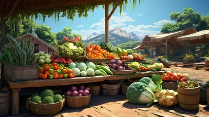 Deurstickers Balanced Farmers' food market stall with variety of organic vegetable © Kashem