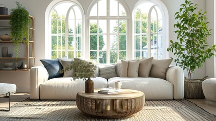 Rustic accent round coffee table near fabric sofa with many pillows against arched window. Scandinavian farmhouse style home interior design of modern living room - obrazy, fototapety, plakaty