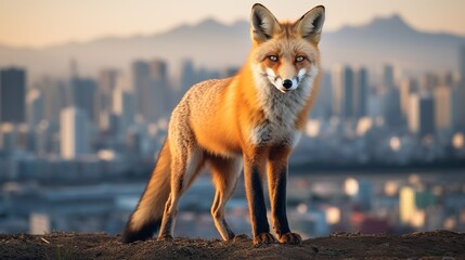 red fox on a hill with urban background