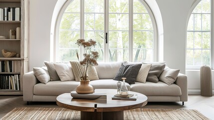 Rustic accent round coffee table near fabric sofa with many pillows against arched window. Scandinavian farmhouse style home interior design of modern living room - obrazy, fototapety, plakaty