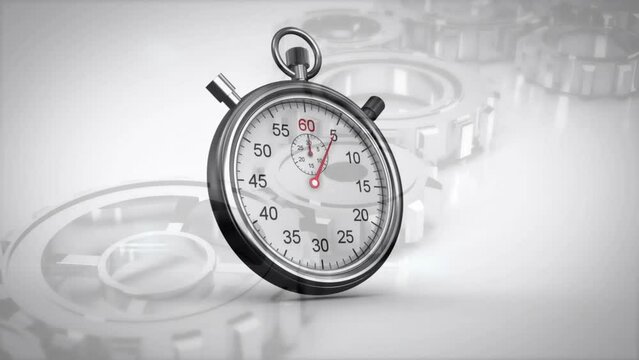 Animation of stop watch ticking over cogs working in background