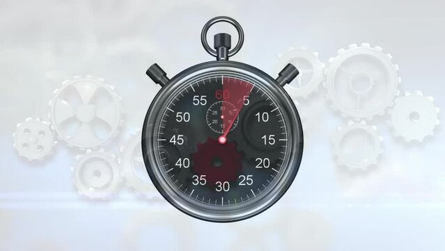 Animation of stop watch ticking over cogs working in background