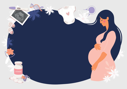 Modern banner with a pregnant woman, pregnancy background with ultrasound picture, positive pregnancy test, pacifier. Flat cartoon vector illustration.