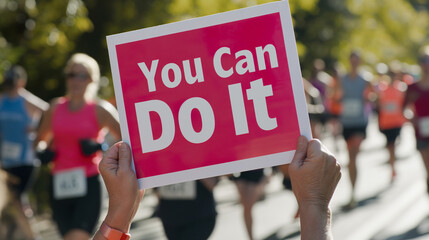 Hand holding a sign with "You Can Do It" at a marathon