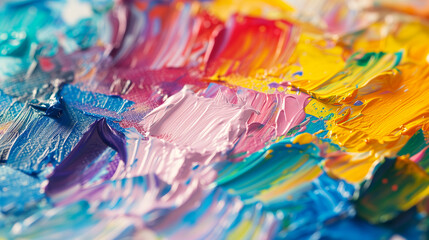 Artist's canvas mid-painting, colorful palette of paints, close-up of brush strokes and texture