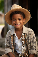 Adorable niño viste ropa y sombrero típico latinoamericano. - obrazy, fototapety, plakaty