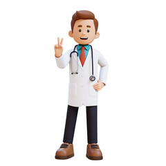 3D Doctor Character Giving Peace Hand Sign Pose. Suitable for Medical content