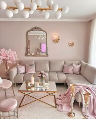 Creating an inviting and serene ambiance, this modern living room oasis combines harmonious pink and gray tones, stylish furniture, cozy cushions, elegant curtains.