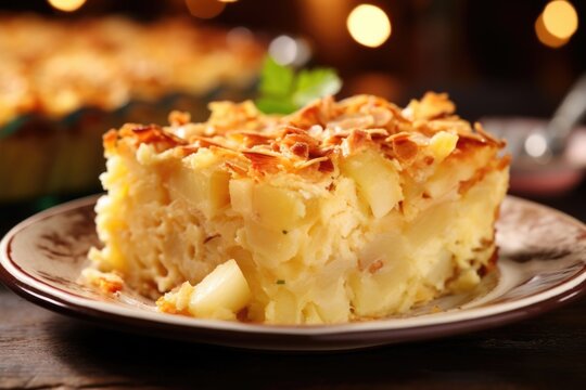 This visually vibrant image captures a luscious sful of kugel, where the creamy, golden interior spills over, revealing accents of succulent diced apples nestled ast the layers, offering