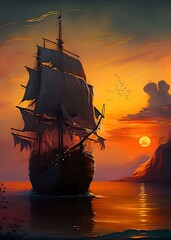 sunset over the sea with ship.A dramatic scene of pirates duelling on a ship during a thunderstorm...