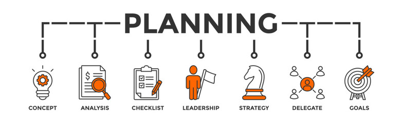 Planning banner web icon vector illustration concept with icon of concept, analysis, checklist, leadership, strategy, delegate and goals
