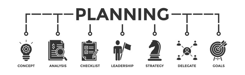 Planning banner web icon vector illustration concept with icon of concept, analysis, checklist, leadership, strategy, delegate and goals