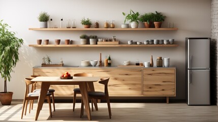 Minimal light Scandinavian kitchen interior. brown furniture with fittings and a bright room