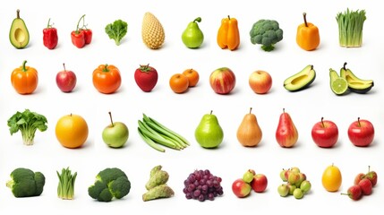 Wide collage of fresh fruits and vegetables for layout isolated on white background. isolated on...