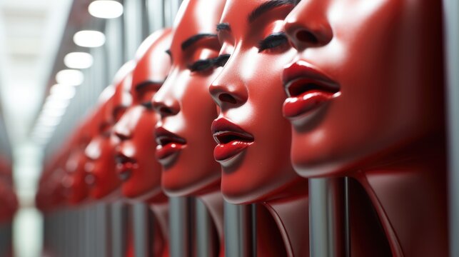 large variety of red lippies arranged in row.