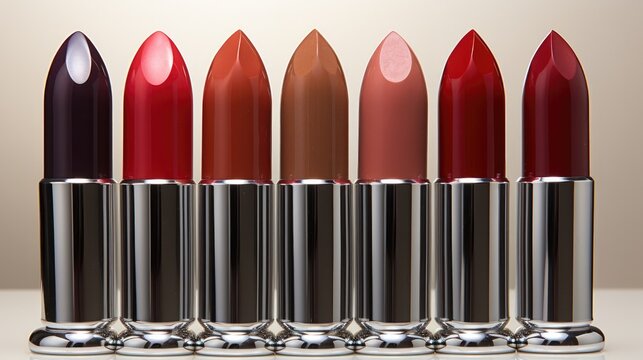 large variety of red lippies arranged in row.