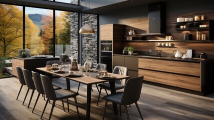 The kitchen is modern and elegant, with black wooden cupboards and large windows