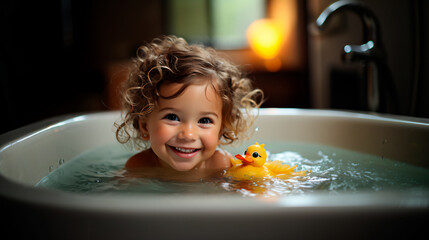 little happy girl child taking a bath with a yellow rubber duck in a bathtub 