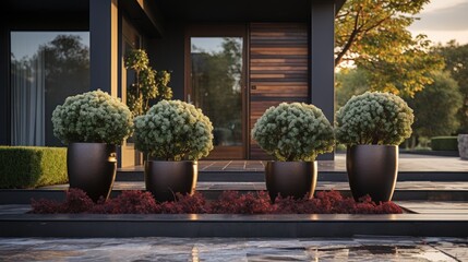 Residential facade design with stone walls and Buxus sempervirens ornamental plants, growing in pots.
