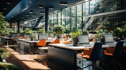 Modern business office without people on blurred background. table, chair, computer or laptop