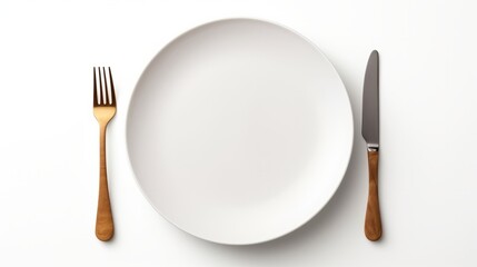 Waiting for oder dinner with served plate, fork and knife in a girl's hands on a white background. Place for text, top view. isolated on white background,. Created using Generative AI Technology