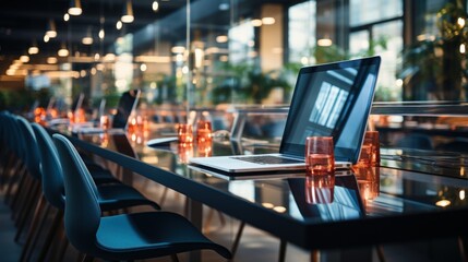 Modern business office without people on blurred background. table, chair, computer or laptop