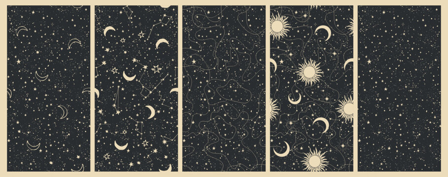 Set of vertical astrology banners, celestial background for zodiac, tarot, boho design. Horoscope cards. Esoteric vector illustration, pattern.