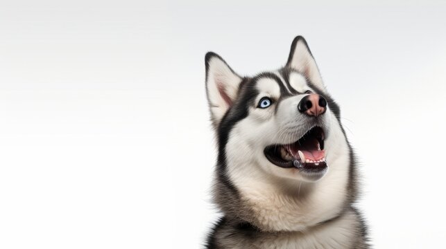 Portrait of a blue eyed beautiful smiling Siberian Husky dog with tongue sticking out isolated on white background with copy space isolated on white background,. Created using Generative AI Technology