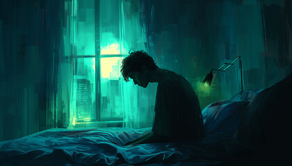 silhouette of a young man sitting alone in his room. Depression, sadness and grief concept illustration. 