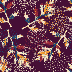 Abstract pattern with hand drawn leaves. Ideal for wallpaper, surface textures, textiles.