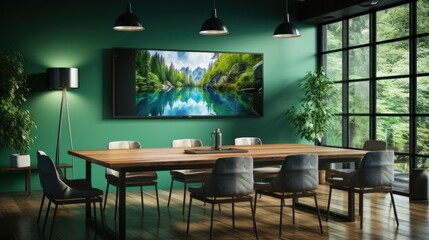 Modern Meeting Room with Large Conference Table with Documents and Laptop on it, on Large television Wall