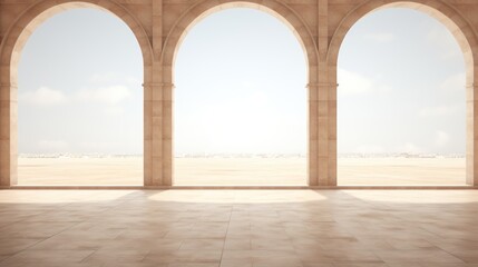 An empty room with arches, allowing a view of the sky as its background, copy space