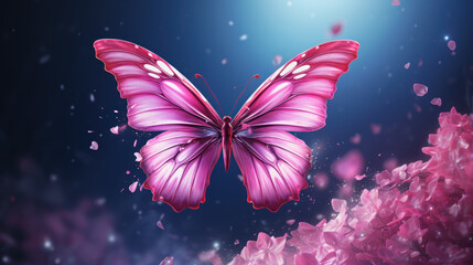 Obraz na płótnie Canvas Blossoming sakura flowers and flying butterfly against beautiful background macro in wildlife, soft focus. Elegant artistic image nature scene beauty of nature environment. Generative AI