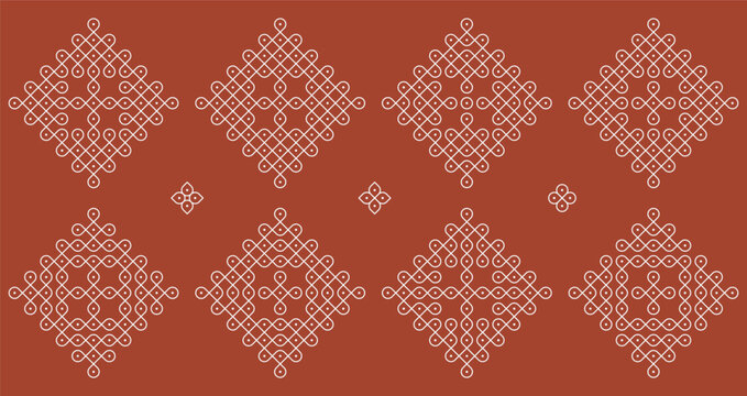 Naklejki Indian Traditional and Cultural pulli or sikku Kolam design vector, set of editable home decor patterns