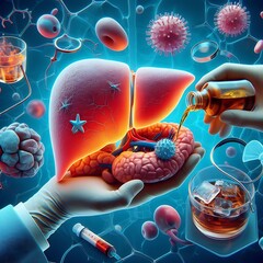 Alcohol-Induced Liver Cancer. 3d rendering of human liver graphical model