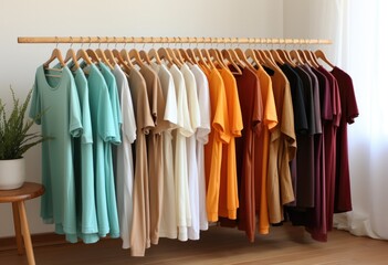 tees on the rack in room with white background.