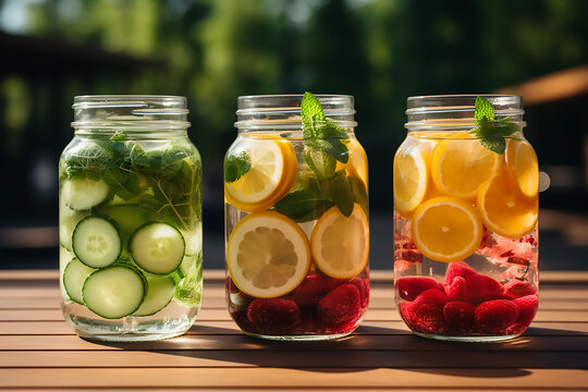 Healthy detox water with fruit in mason jars
