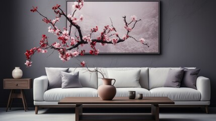 Modern interior design, Room with gray walls and spacious with comfortable sofa, plants and elegant accessories.