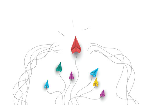 Group of paper airplanes flying.Paper plant in one direction and paper plant pointing in different way on background.Unique,out standing.Vector concept inspiration and think different concept.