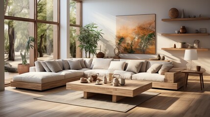 Modern open living room interior with modular sofa, wooden table, pillows, tropical plants and elegant accessories