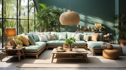 Modern open living room interior with modular sofa, wooden table, pillows, tropical plants and elegant accessories