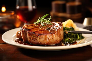 An exquisite composition showcasing a bonein pork chop, capturing the rich hues of caramelization on its surface, which lock in the flavors as you sink your teeth into its moist and flavorful