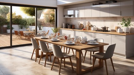 Fototapeta premium Modern kitchen interior in daylight with tiled exterior door