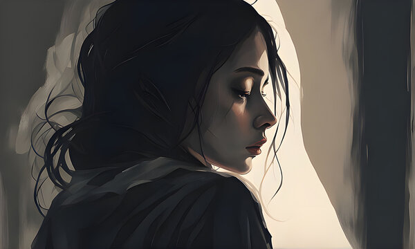 girl enveloped in shadows downward gaze reflecting sadness and depression realistic illustration